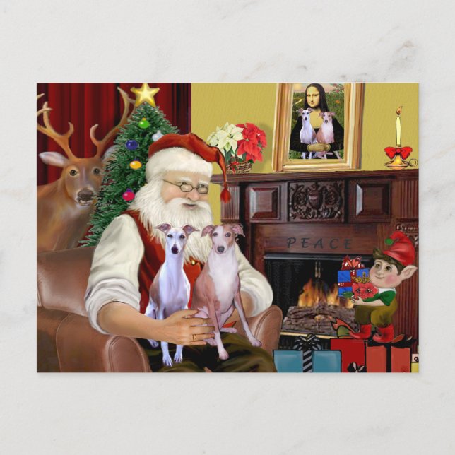 Santa's Two Whippets Holiday Postcard (Front)