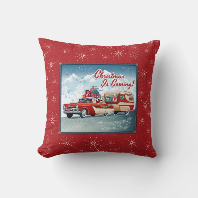 Santa's Vintage Camper Christmas Throw Pillow (Front)