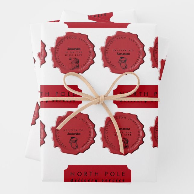Santa's Workshop Custom Name Christmas Stamp Wrapping Paper Sheet (In situ)