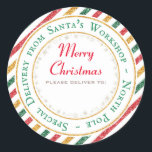 Santa's Workshop, North Pole - Please deliver to: Classic Round Sticker<br><div class="desc">A gorgeous vintage airmail style glitter border sticker design with gold,  red and green stripes for this holiday season. Space is there to handwrite in your recipients name. 
Matching items available in my store.</div>