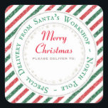 Santa's Workshop, North Pole - Please deliver to: Square Sticker<br><div class="desc">A gorgeous vintage airmail style glitter border sticker design with red and green stripes for this holiday season. Space is there to handwrite in your recipients name. 
Matching items available in my store.</div>