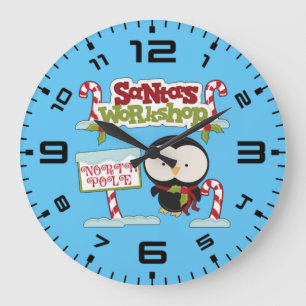Santa's Workshop Penguin Large Clock
