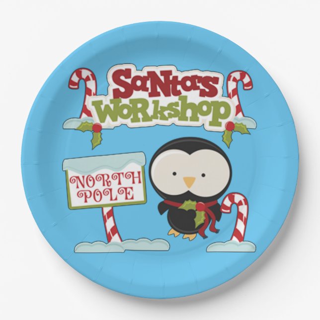 Santa's Workshop Penguin Paper Plate (Front)