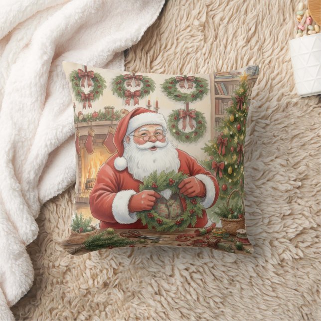 Santa's Workshop Wreath Maker Personalized Throw Pillow (Blanket)