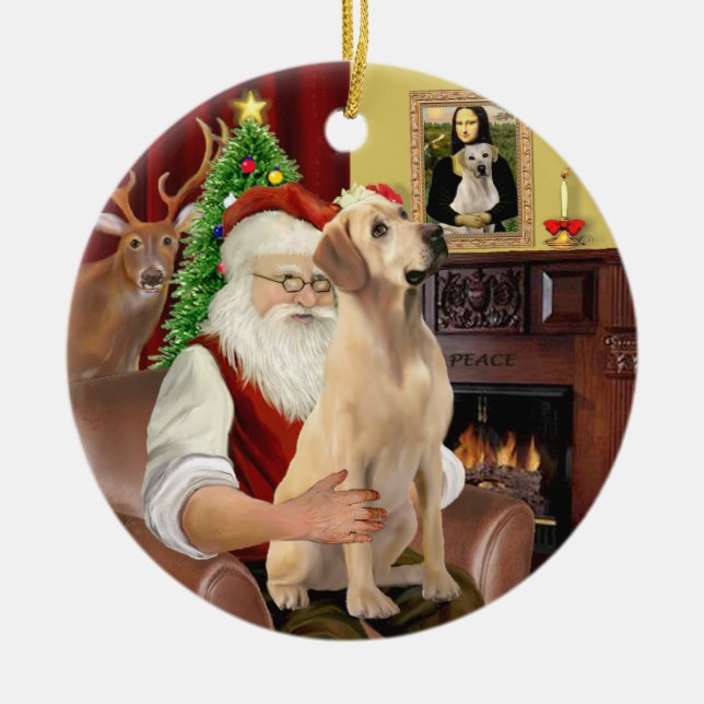 Santa's Yellow Lab Ceramic Ornament (Front)