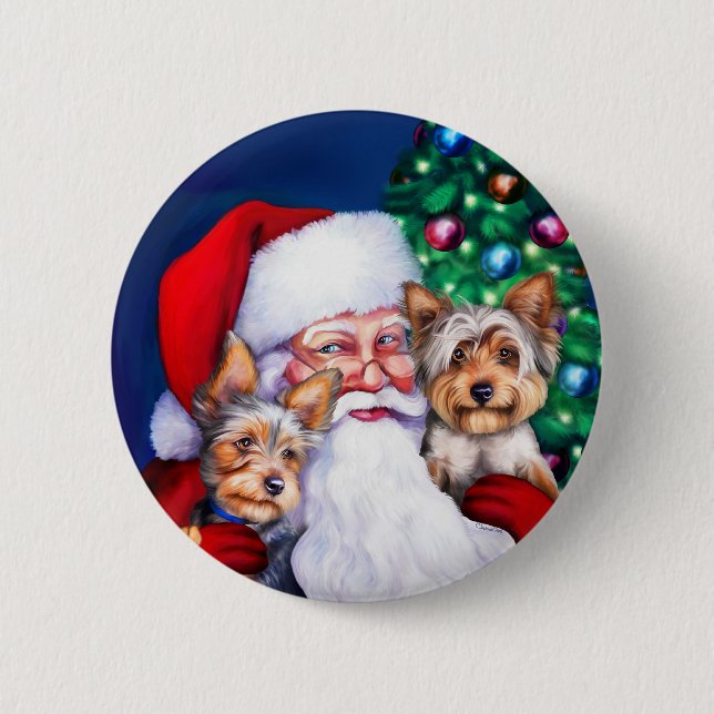 Santa's Yorkies at Christmas 2 Inch Round Button (Front)