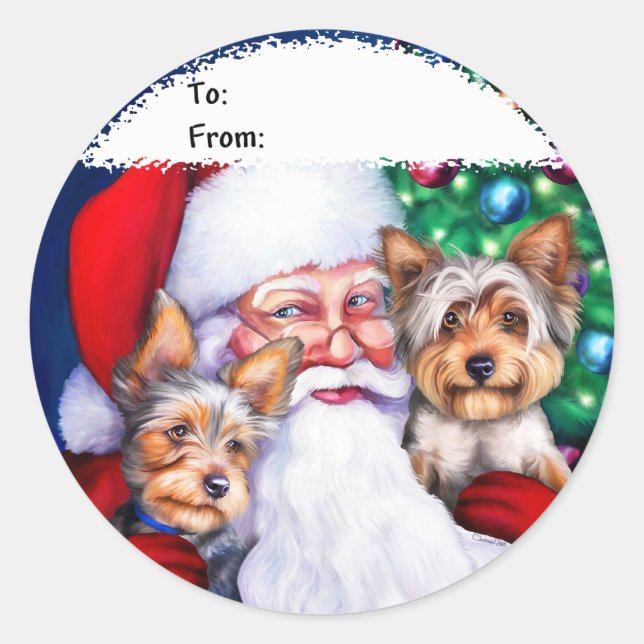 Santa's Yorkies at Christmas Classic Round Sticker (Front)