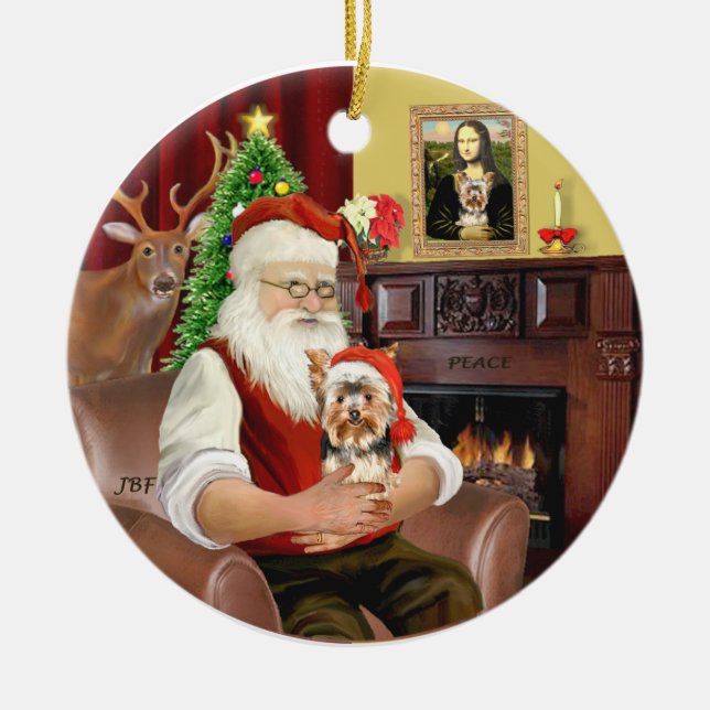 Santa's Yorkshire Terrier #17 Ceramic Ornament (Front)