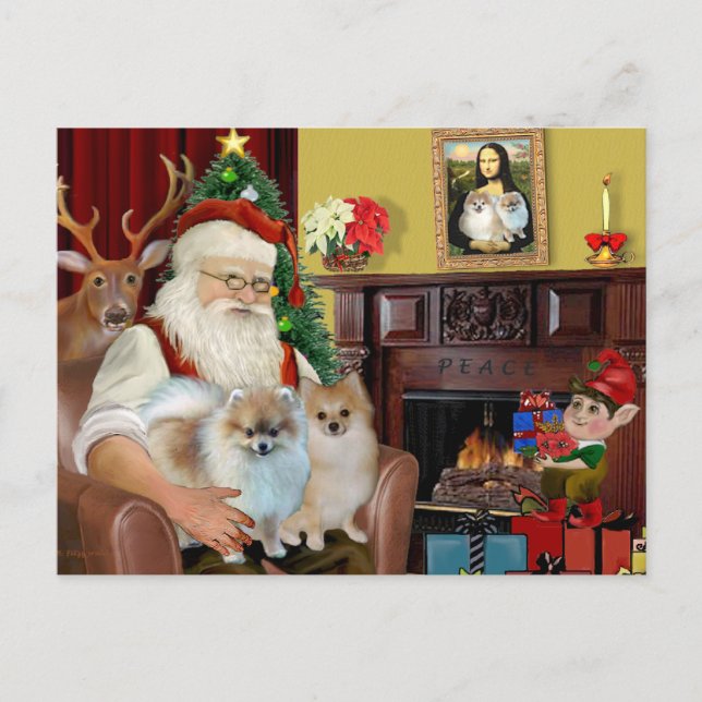 Santa'sTwo Pomeranians Holiday Postcard (Front)