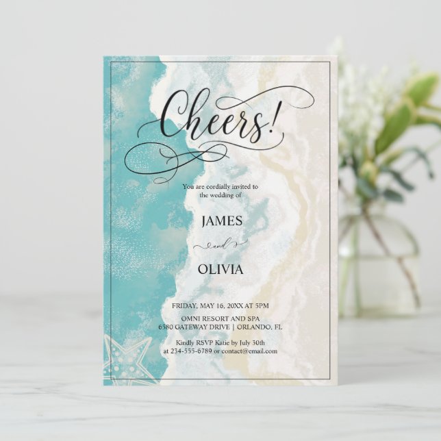 Santé! Elégant Beach Wedding Invitation (Debout devant)