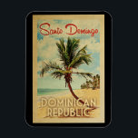 Santo Domingo Palm Tree Vintage Travel Magnet<br><div class="desc">A uniquely retro mid-century modern Santo Domingo Dominican Republic art print in vintage travel poster style. It features a curved palm tree on sandy beach with ocean under a blue cloudy sky.</div>
