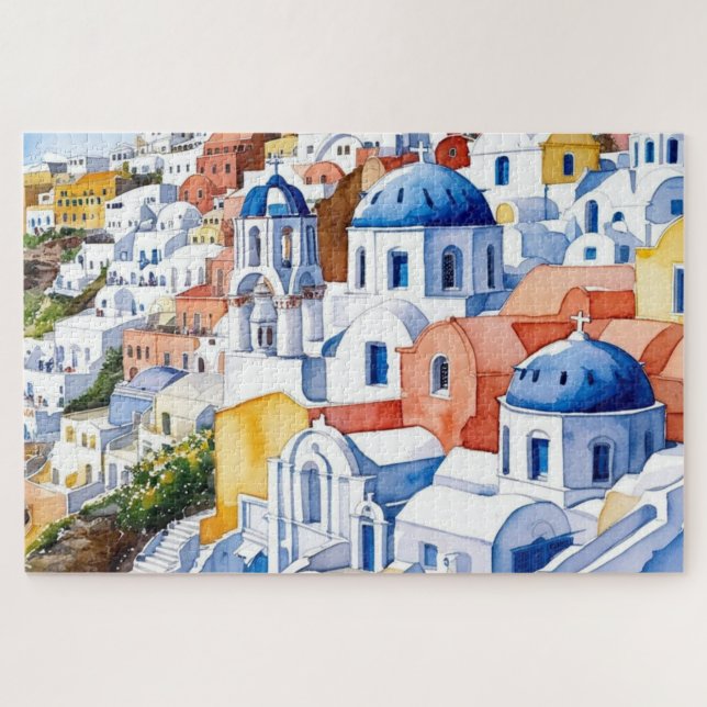Santorin Grèce garde le puzzle de l'aquarelle (Horizontal)