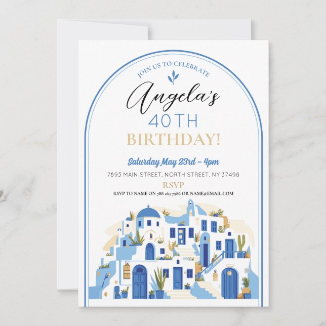 Santorini Birthday Party Greek Greece Blue White Invitation (Front)