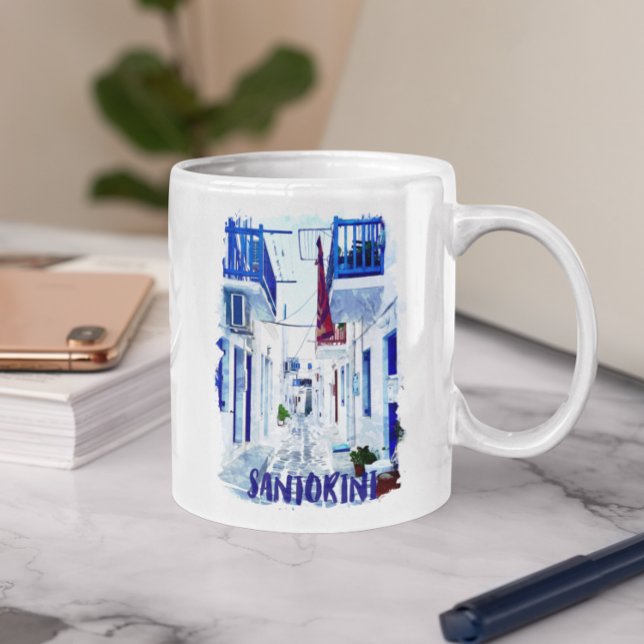 Santorini Blue and White Travel Coffee Mug (santorini beautiful stylish mug)