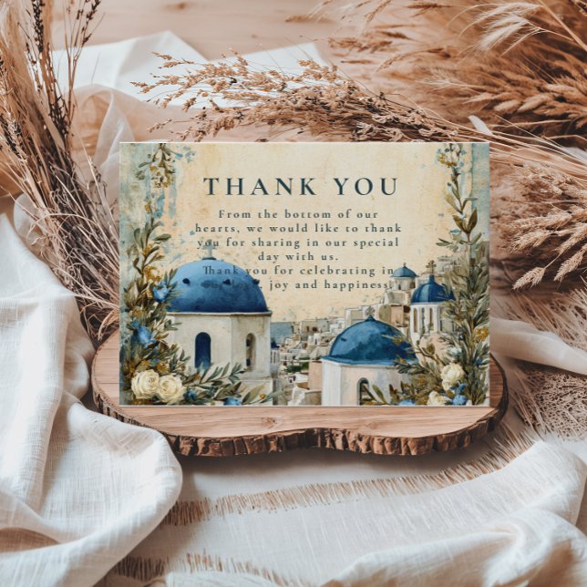 Santorini Blue Dome Botanical Destination Wedding Thank You Card (Creator Uploaded)