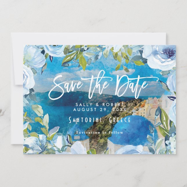 Santorini blue floral wedding save the date card (Front)