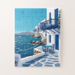 Santorini Blue Sea Coast Puzzle<br><div class="desc">his vibrant illustration captures the iconic essence of a Mediterranean seaside escape through clean lines and a bold blue-and-white palette. The minimalist vector style ensures that every piece is distinct and enjoyable to assemble, creating a crisp, modern image that looks professional and high-end. It's the perfect choice for anyone looking...</div>