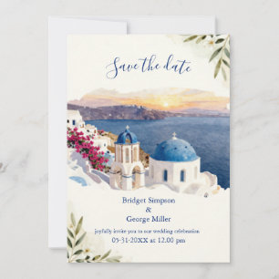 Santorini Blue Watercolor Destination Wedding Invitation