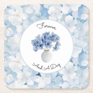 Santorini Blue White Floral Wedding Square Paper Coaster