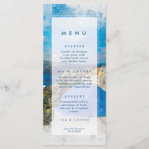 Santorini, cartes de menu de mariage d'été de la