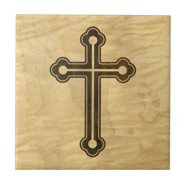 Santorini Christian Cross Wooden Maple Rosewood Tile (Front)