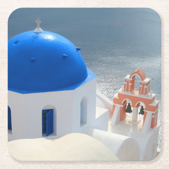 Santorini Church in the Afternoon Sun Square Paper Coaster (Front)