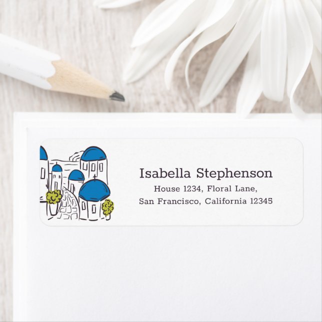 Santorini Doodle Greece Blue Dome Return Address (Insitu)
