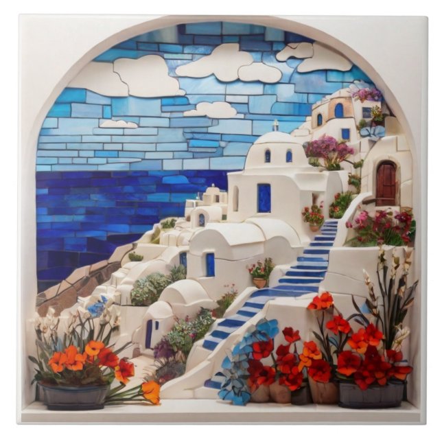 Santorini Faux Relief Mosaic Arch, Greek Village Tile (Front)