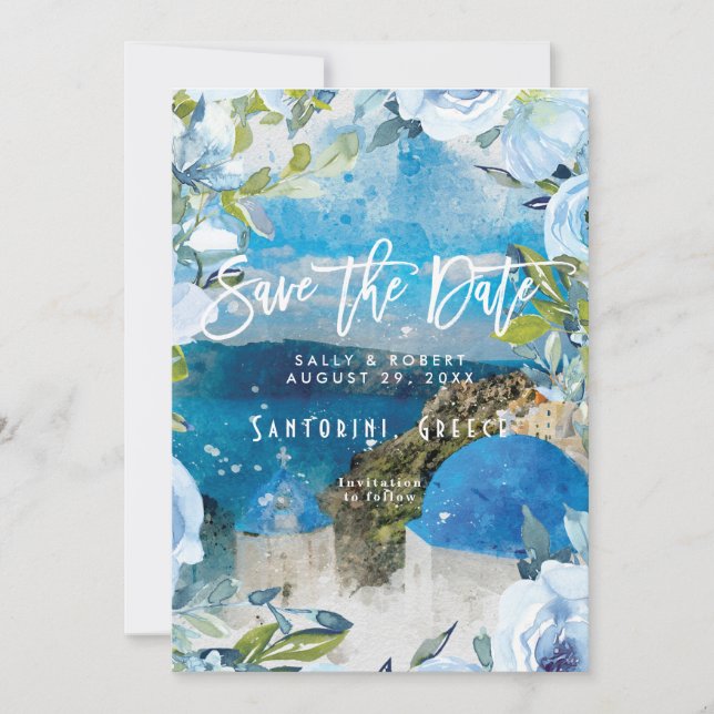 Santorini floral summer wedding save the date card (Front)