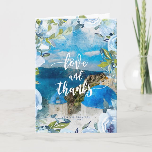 Santorini floral wedding love & thanks card (Front)