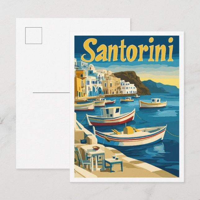 Santorini Greece Art Vintage Travel Illustration Postcard (Front/Back)