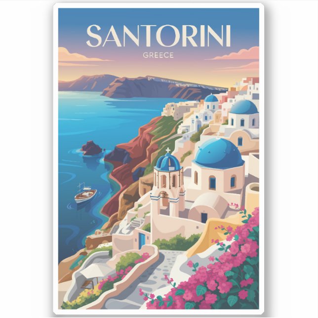 Santorini Greece Blue Dome Travel Art Vintage (Front)