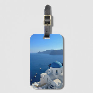 Santorini Greece Blue Domed Church Photograph Luggage Tag