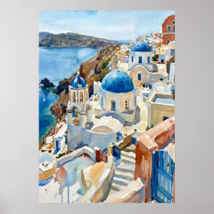 Santorini Greece Blue Domes Poster