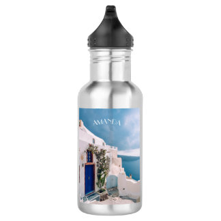 Santorini Greece — blue door at santorini greece 532 Ml Water Bottle