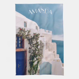 Santorini Greece - blue door at santorini greece Kitchen Towel