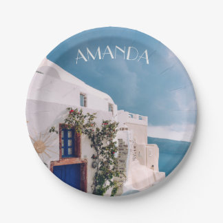 Santorini Greece — blue door at santorini greece Paper Plate