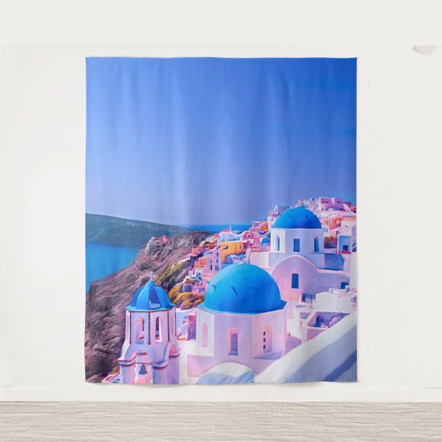 Santorini Greece Blue Island Photo Booth Backdrop Tapestry (Front)