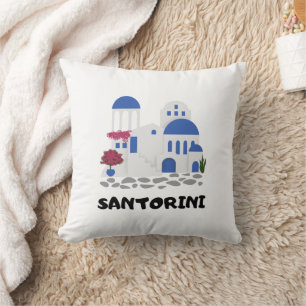 Santorini Greece Blue Roof Building Throw Pillow