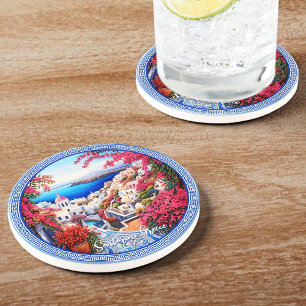 Santorini Greece Bougainvillea Painting Travel Coaster