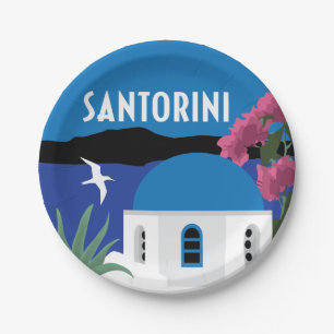 Santorini Greece colorful illustration Paper Plate