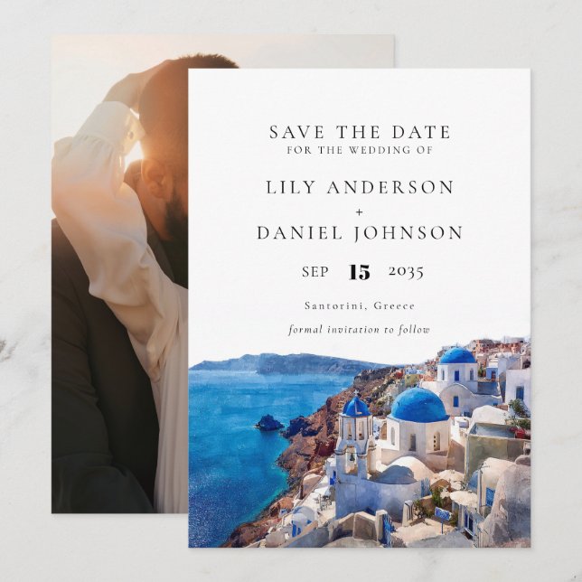 Santorini Greece Destination Photo Wedding Save The Date (Front/Back)