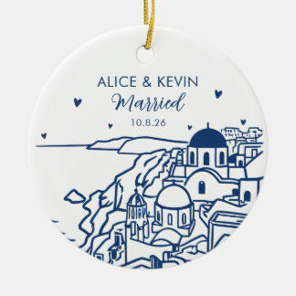 Santorini Greece First Married Christmas Custom Ceramic Ornament