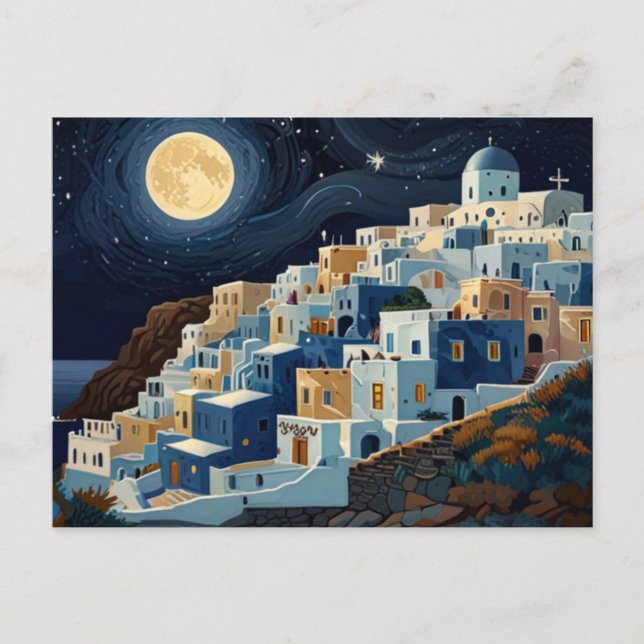 Santorini, Greece Full Moon Night Greek Village Holiday Postcard (Front)