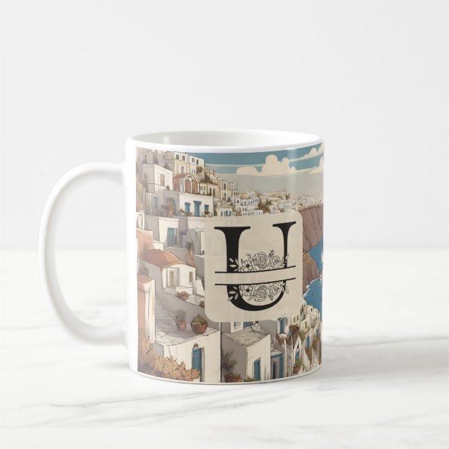 Santorini greece greek island monogram travel blue coffee mug (Left)