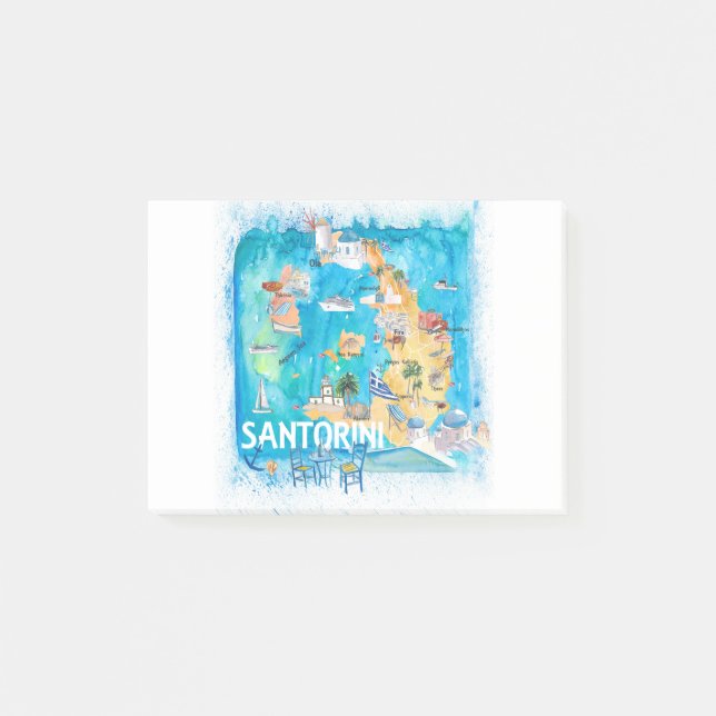 Santorini Greece Illustrated Map with Main Roads Post-it Notes (Front)