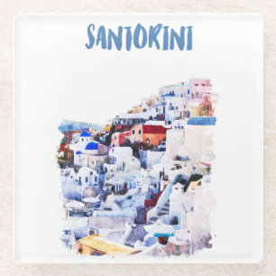 Santorini Greece Illustration Watercolor Glass Coaster