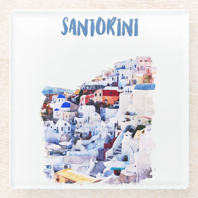 Santorini Greece Illustration Watercolor Glass Coaster (Front)