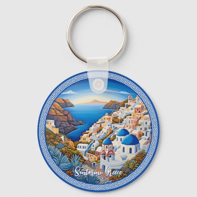 Santorini Greece Island Painting | Travel Art  Keychain (Front)