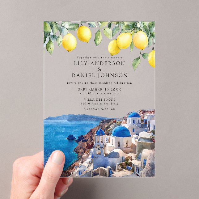 Santorini Greece Lemons Wedding Acrylic Invitations (Insitu (Handheld))